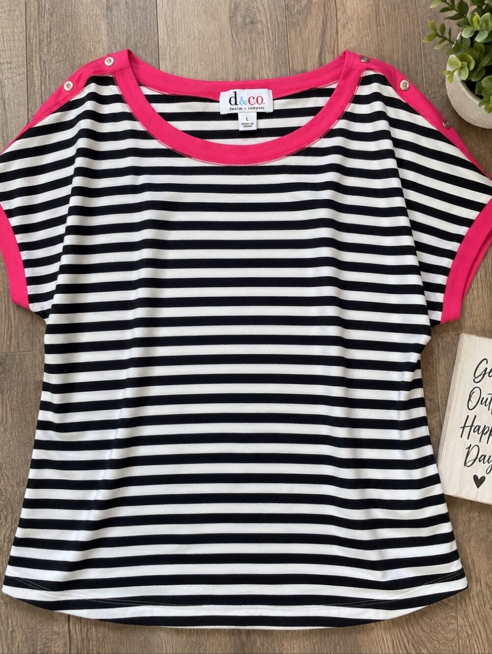 Women's Black & White Striped Short Sleeve Top with Pink Trim